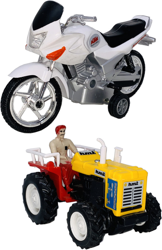 Giftary 2 Small Size Plastic Motor Cycle Toy HMT Tractor For