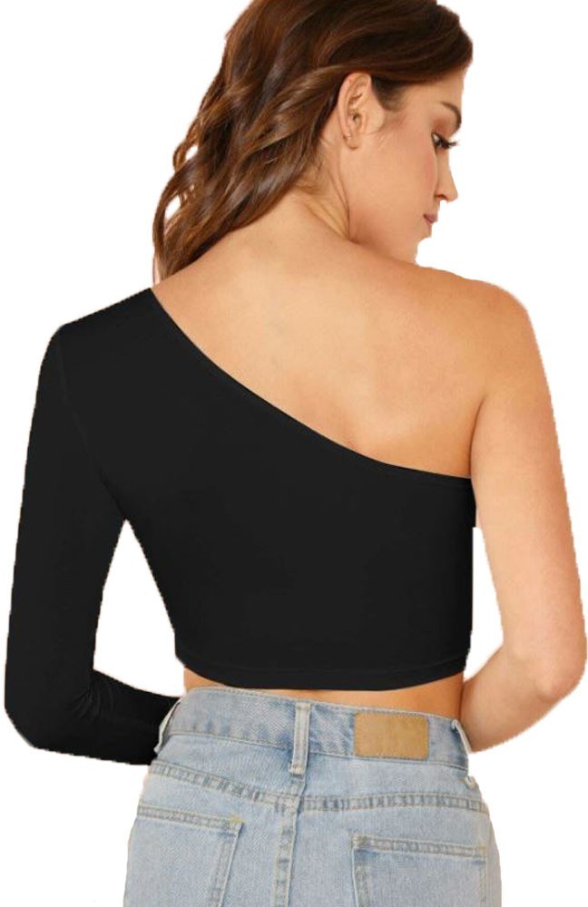 Styvibe Women Black Full Sleeve Round Neck Crop Top