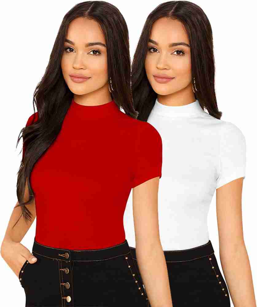 LIME Solid Women Turtle Neck Red, White T-Shirt - Buy LIME Solid