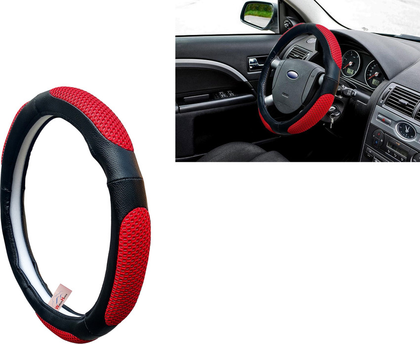 Black and red leather store steering wheel cover