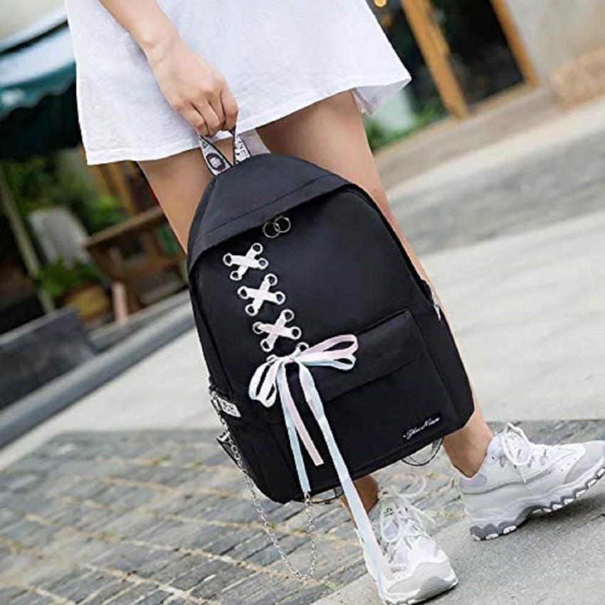Nidhi Preppy Style Fashion Waterproof Women Girls Backpack Korean Design  Drawstring Chain travel College Office Bag 10 L Backpack Black - Price in  India