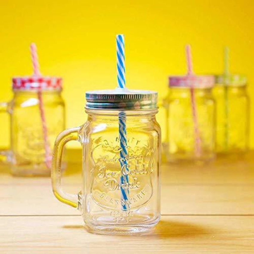Transparent Glass Mason Jar with Colorful Lid and Reusable Straw, 500ml
