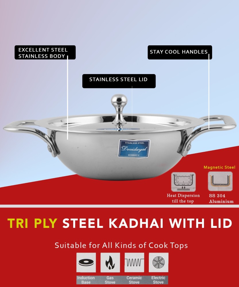 USHA SHRIRAM Triply Stainless Steel Kadai with Lid | 20 cm Diameter | 1.6 L  Capacity | Stove & Induction Cookware | Heat Surround Cooking | Triply