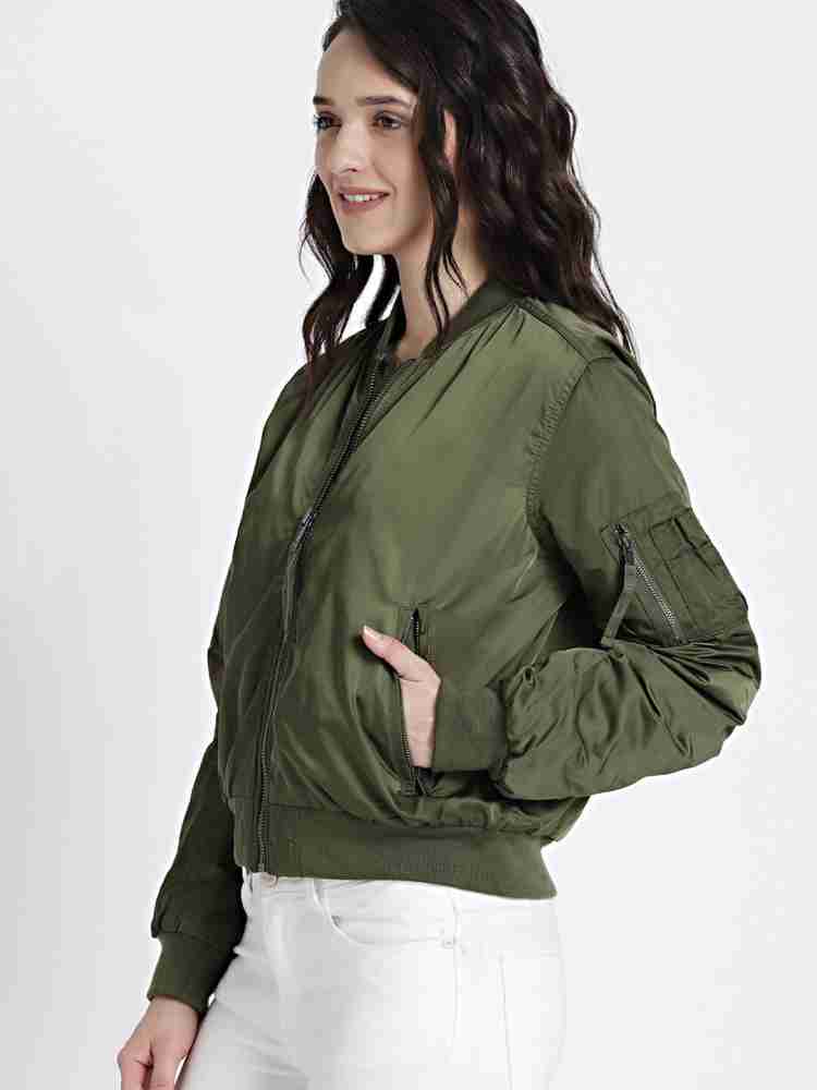 Buy online Women Olive Solid Jacket from western wear for Women by