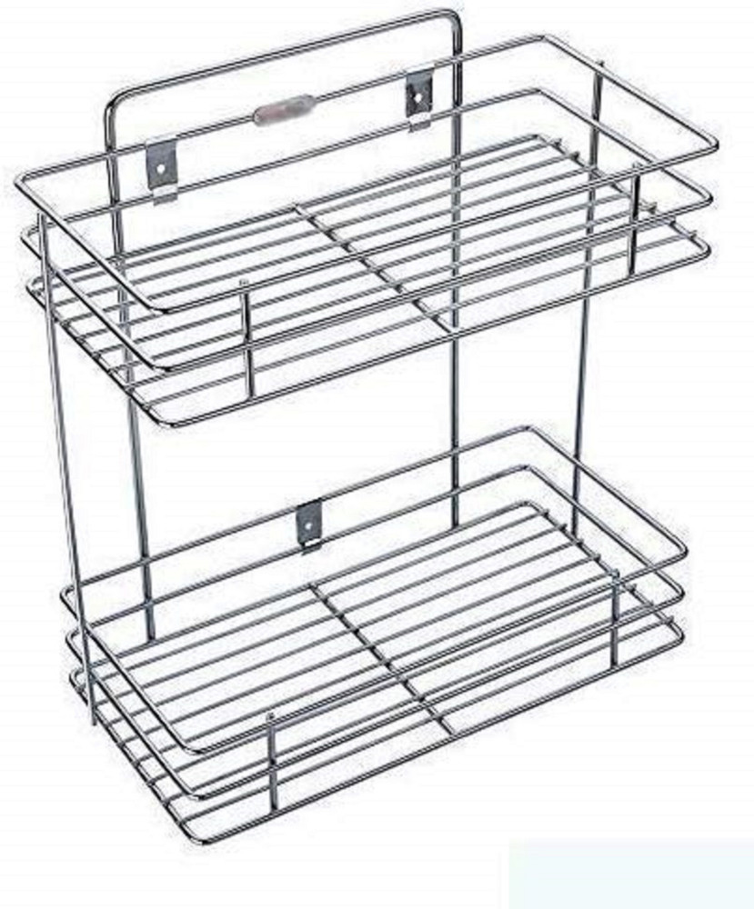 iSTAR Stainless Steel Multipurpose Storage Rack Shelf Double Layer Kitchen Rack Bathroom Shelves and Racks Steel Wall Mounted Organiser for Home Book Spices Jar Bottle Keeper in Silver Cover Steel Wal...