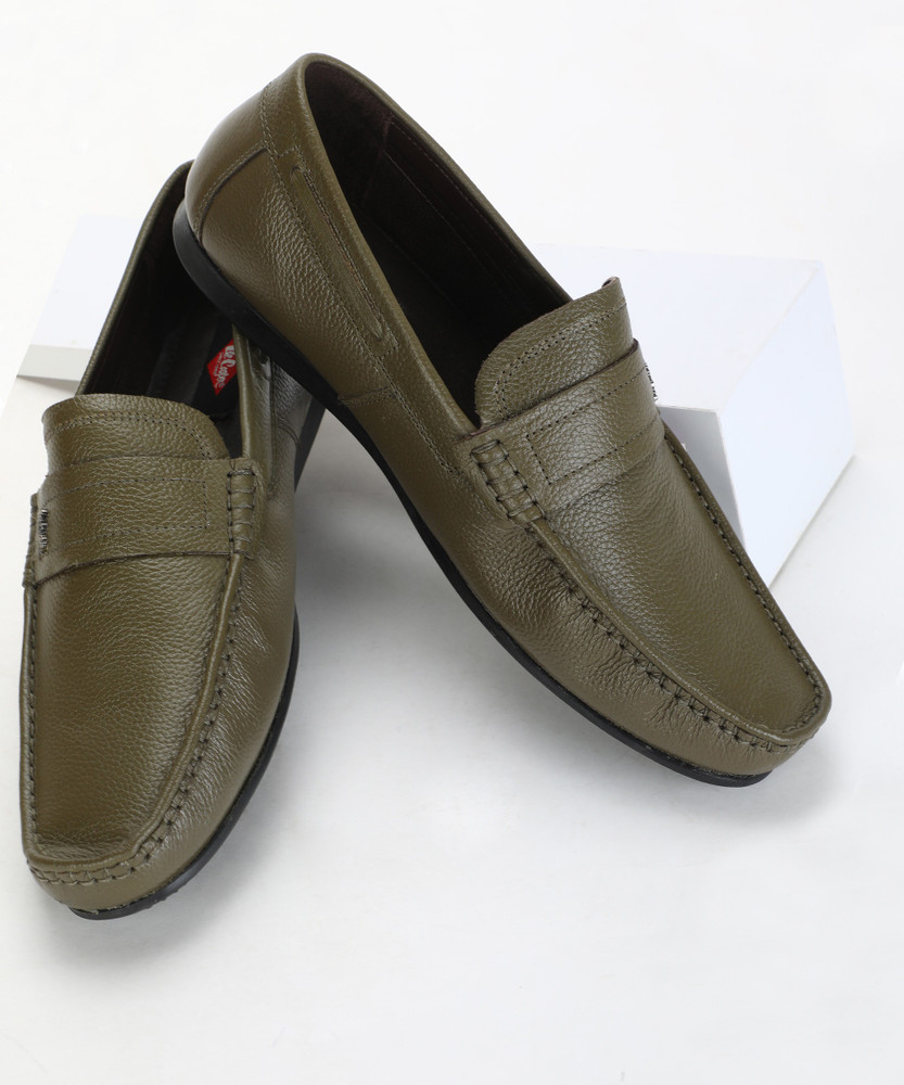 LEE COOPER Lee Cooper Men Olive Green Solid Leather Loafers