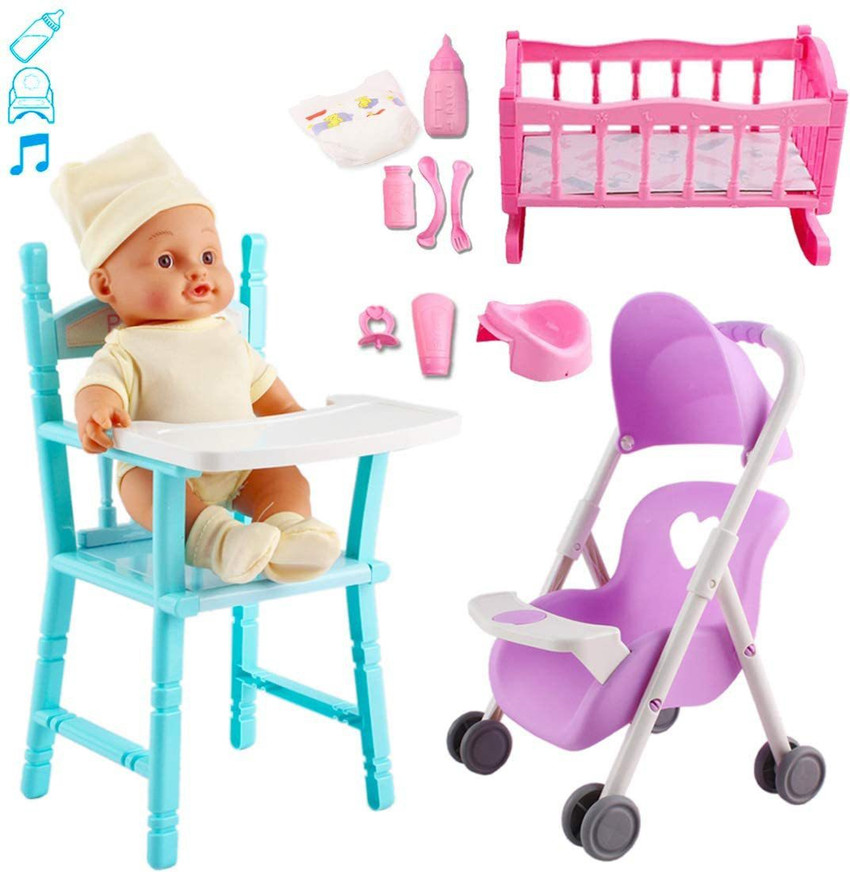 Baby doll stroller crib and sale highchair