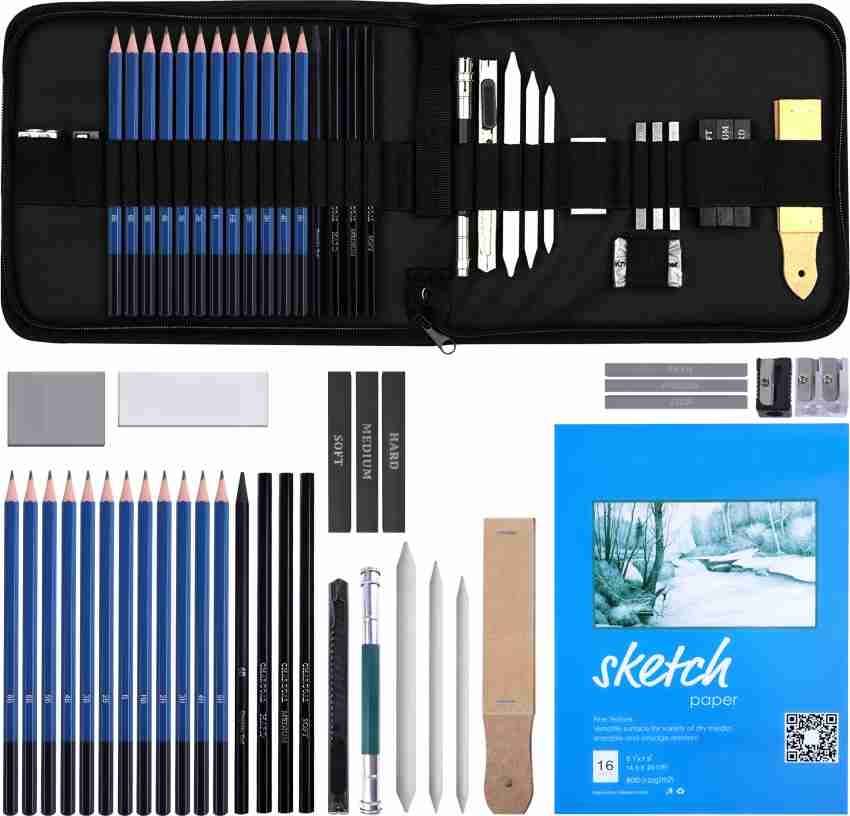 29 Pieces Professional Sketching & Drawing Art Tool Kit with Graphite  Pencils, Charcoal Pencils, Paper Erasable Pen, Craft Knife-Lightwish  (Without Sketchbook, with Canvas Rolling Pouch）