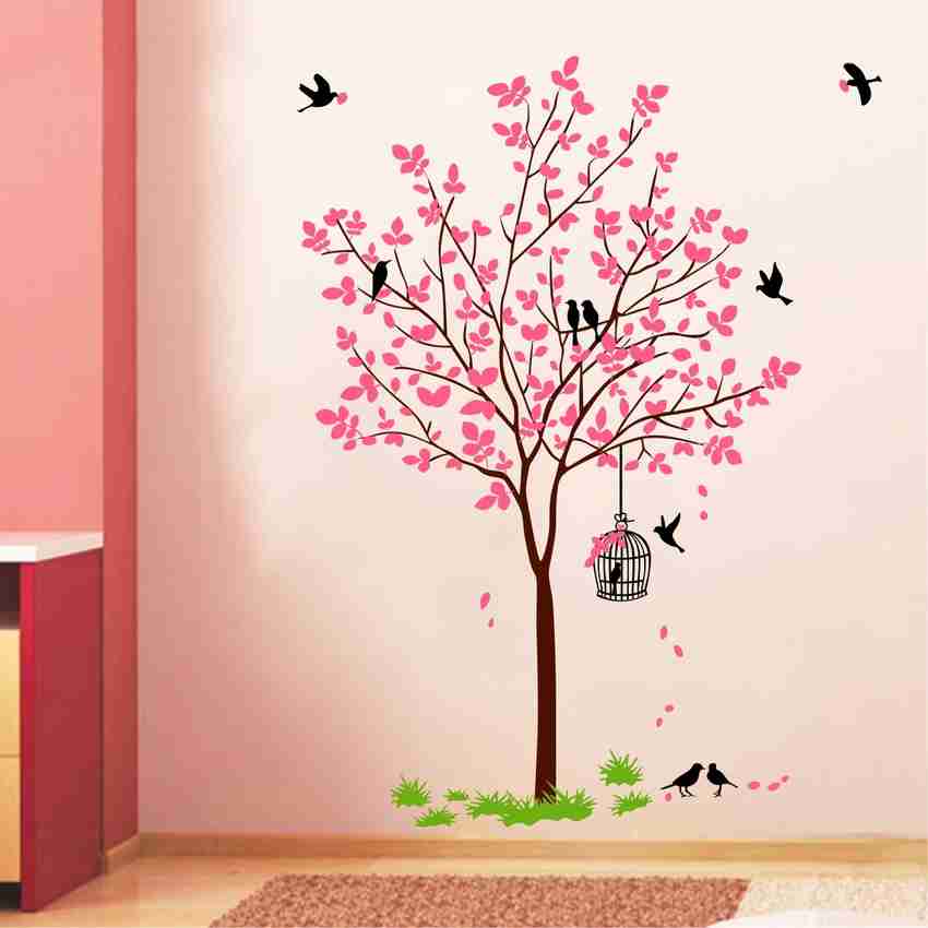 Decal O Decal 1 cm Wall Decals Pink Tree With Birds Cage And
