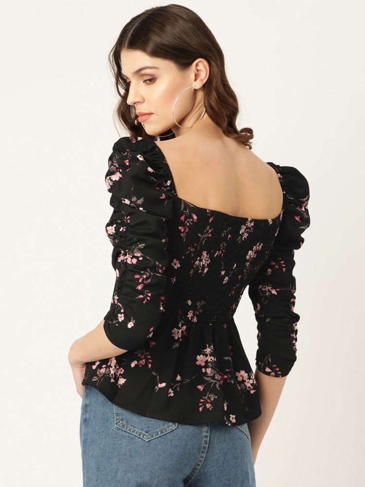 Black floral puff sleeve top new arrivals