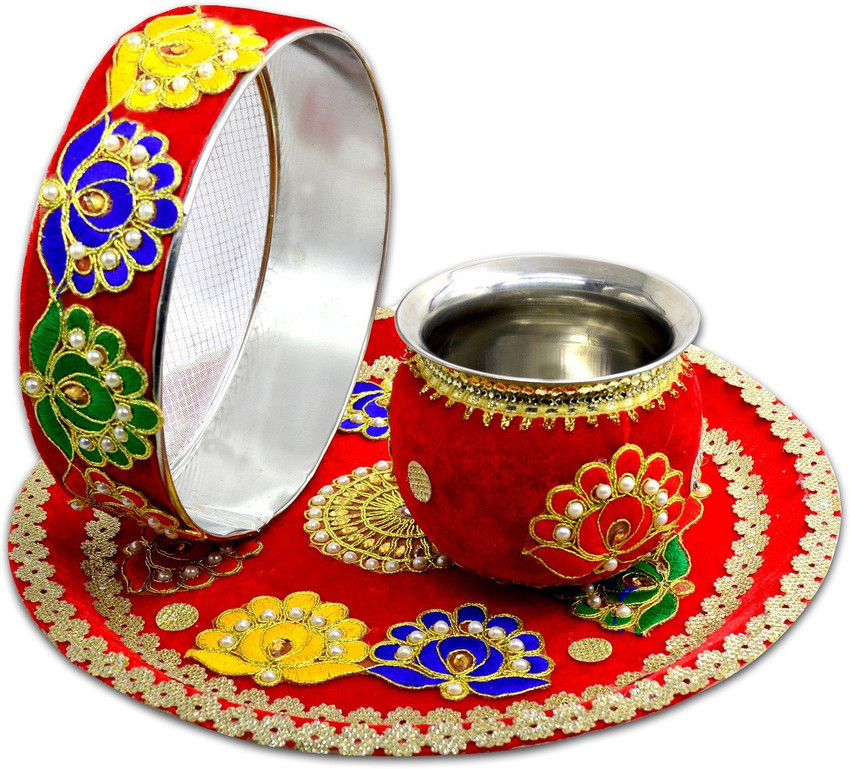 ME YOU Karwa Chauth Puja Thali Velvet Cloth Decorated puja Thal