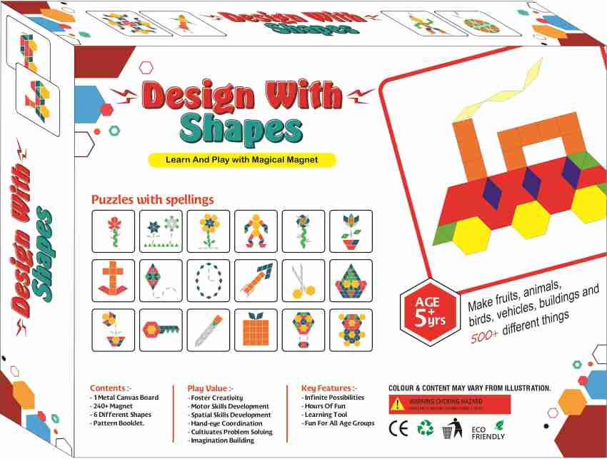 FUNBOX TOYS Design With Shapes – DIY – Learn and Play With Magical Magnets  – 240 Colourful Magnetic Pieces – 6 Different Shapes - Design With Shapes –  DIY – Learn and