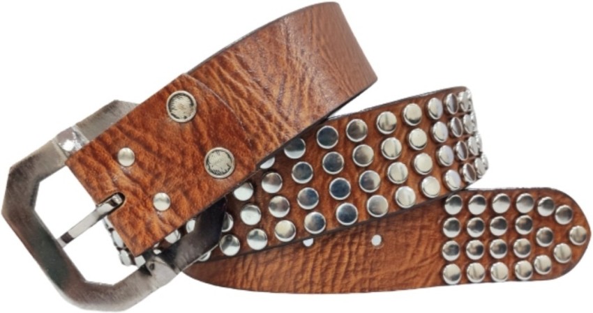 Salman Khan Studded Belts Men Party Tan Genuine Leather Belt Silver Chrome  - Price in India