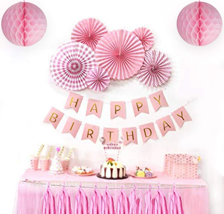 DECOR MY PARTY Happy Birthday Pink Banner With Paper Hanging ...