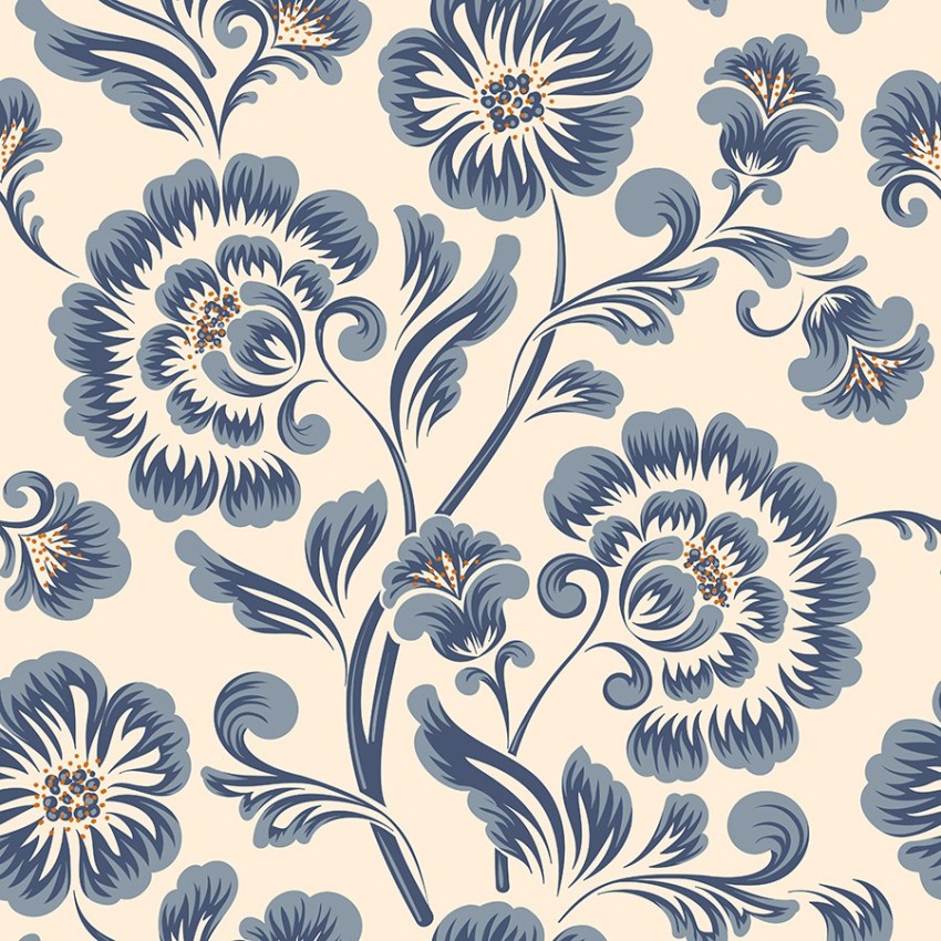 Trail Navy Floral Pattern White Wallpaper