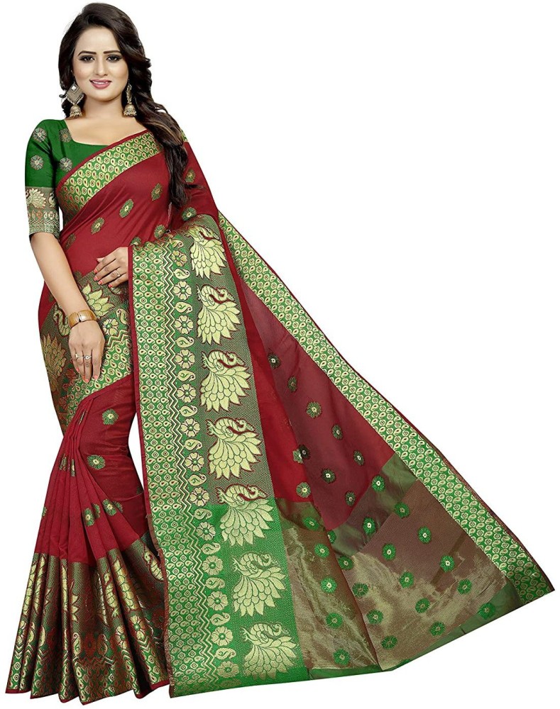 Buy WOMEN VILLAGE Woven Kanjivaram Art Silk Maroon Sarees Online