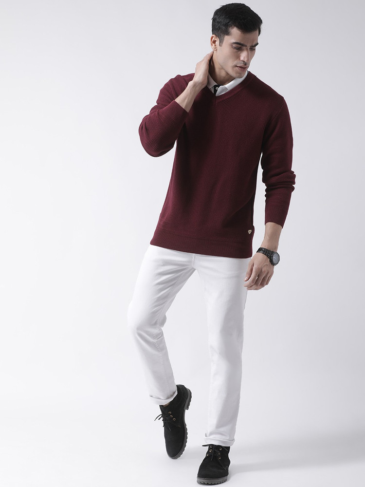 Maroon sweater mens outfit best sale