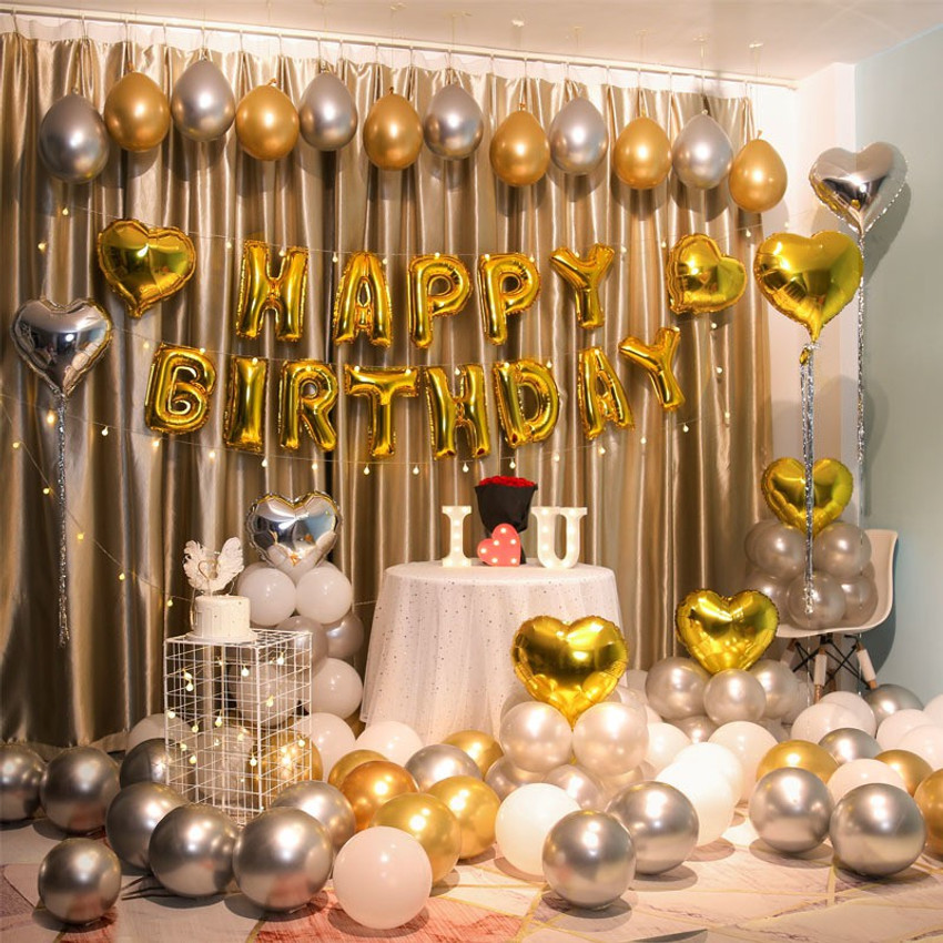 Flipkart Bash N Splash Solid Golden Happy Birthday Party Decoration with Chrome Balloons Heart Pack of 47 Balloon Balloon
