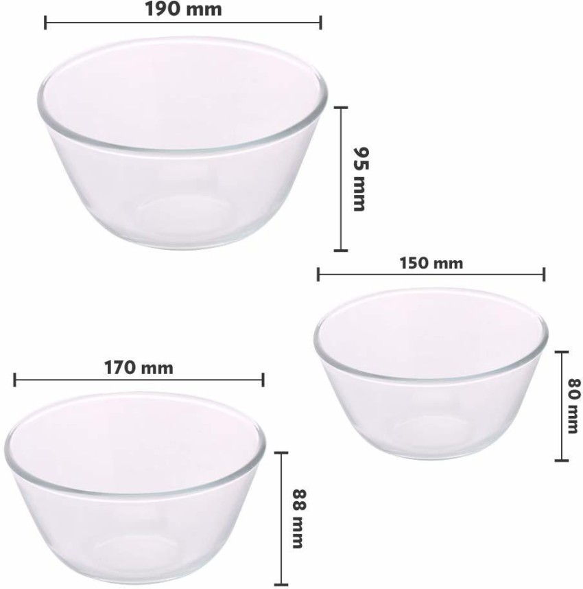 Borosil Glass Mixing Bowl with lid - Set of 3 (500 ML + 900 ML + 1.3L) Oven  and Microwave Safe