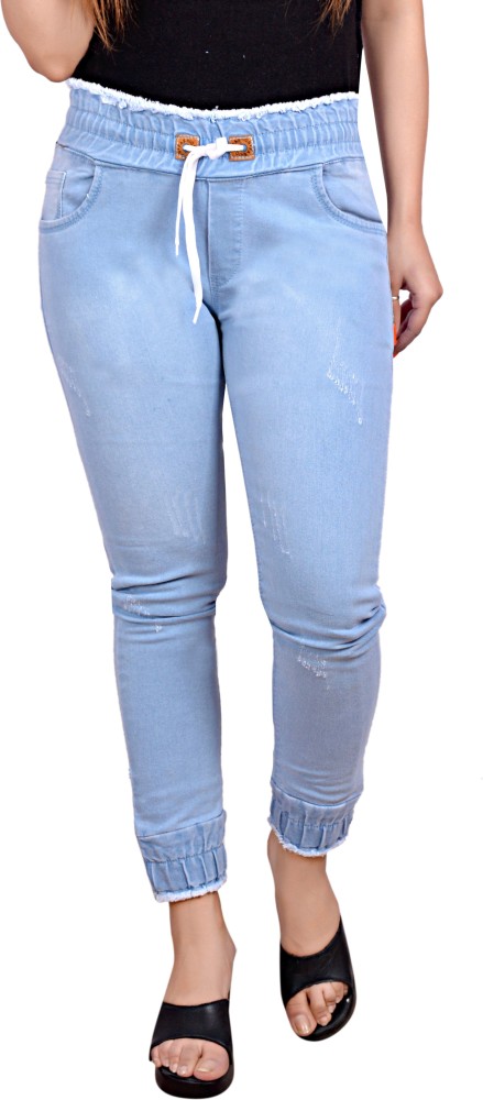 Drawstring Waist Wide Leg Jeans Denim Palazzo Pants in Light Blue One Size  - Morimiss.com
