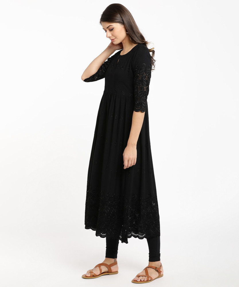 Buy SANAA Black Womens Mandarin Neck Printed Lace Yoke Kurti  Shoppers Stop