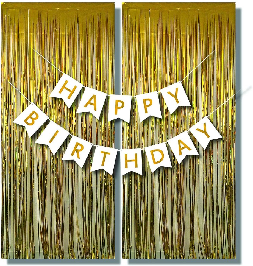Balloons Beautiful Sturdy Preassembled White and Gold Happy Birthday Banner  with Two Matching Elegant Shiny Tinsel Foil Fringe Curtain Backdrop for  Special Custom Cute Gender Neutral Party Decorations by Dream VZN Price