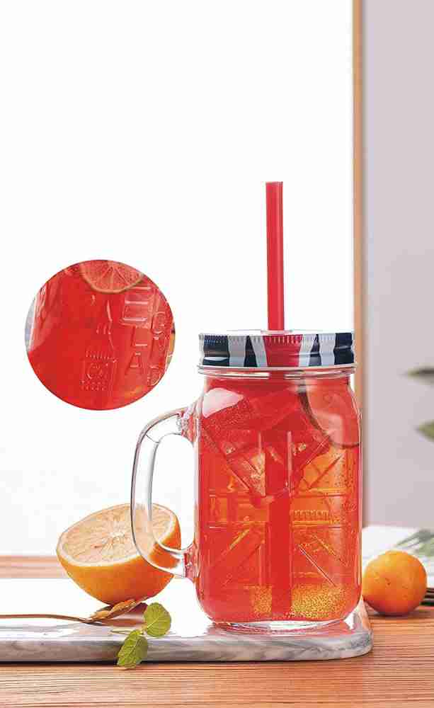 2 - 6 X CLEAR GLASS MASON JARS DRINKING SUMMER COCKTAIL JAR HANDLE & STRAW  450ML