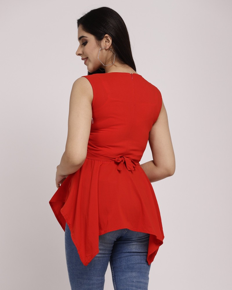 Casual Sleeveless Fish Cut Women Red Top