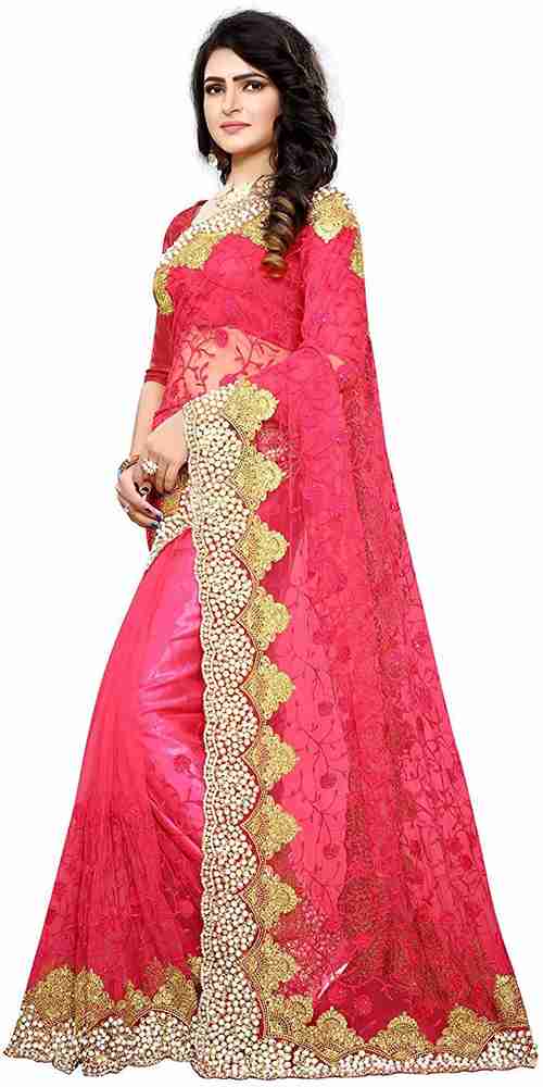 Buy DELIZIA Embroidered Embellished Fashion Net Pink Sarees