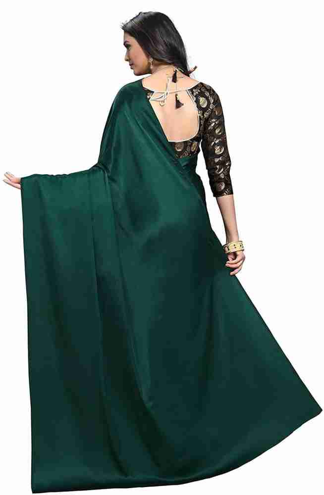 Reeta Fashion Designer Dark Green Satin Silk Plain Saree with Unstitched  Blouse