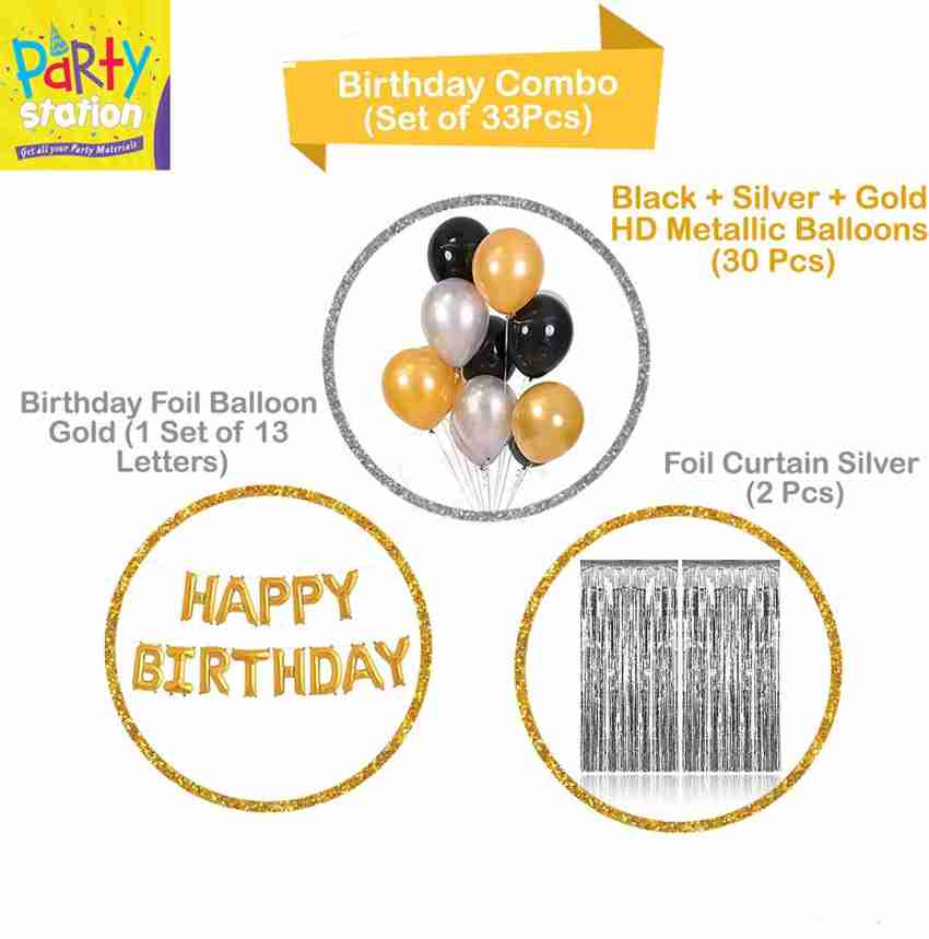 33pcs-16 Inch Silver Happy Birthday Letter Foil Balloons & Black