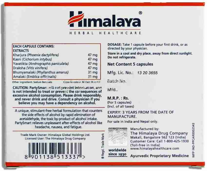 HIMALAYA PartySmart Capsules Relieves The After-Effects of Alcohol