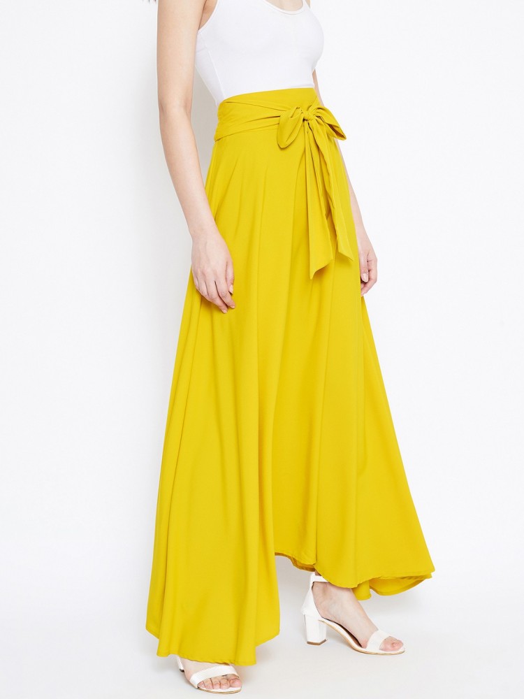 Women Solid Yellow Waist Bow Tie-Up Pleated Maxi Skirt - Berrylush