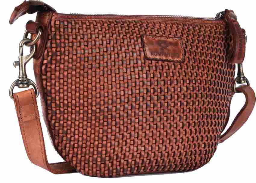 KOMPANERO Italian Woven Cognac Leather Tote Bag CROSSBODY