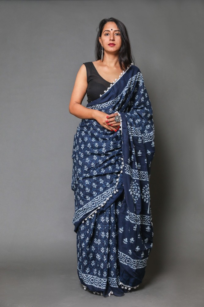 Indigo printed pure cotton saree (IND-60) –