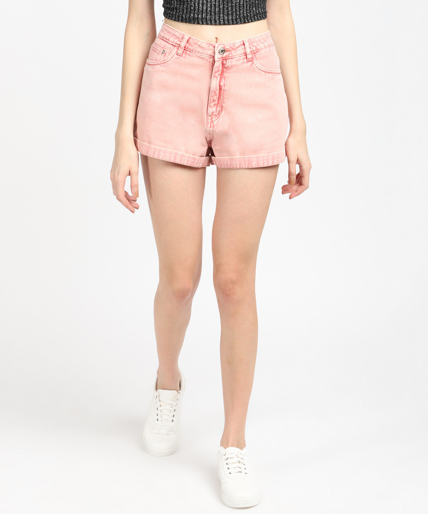 Pink denim shorts womens sales