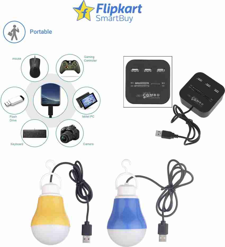Flipkart SmartBuy Combo of (Pack of 2) Portable USB Bulb + All-in-One Combo  Card Reader + 3-Port + OTG Cable (Micro USB to USB), Led Light, USB Hub  Price in India 