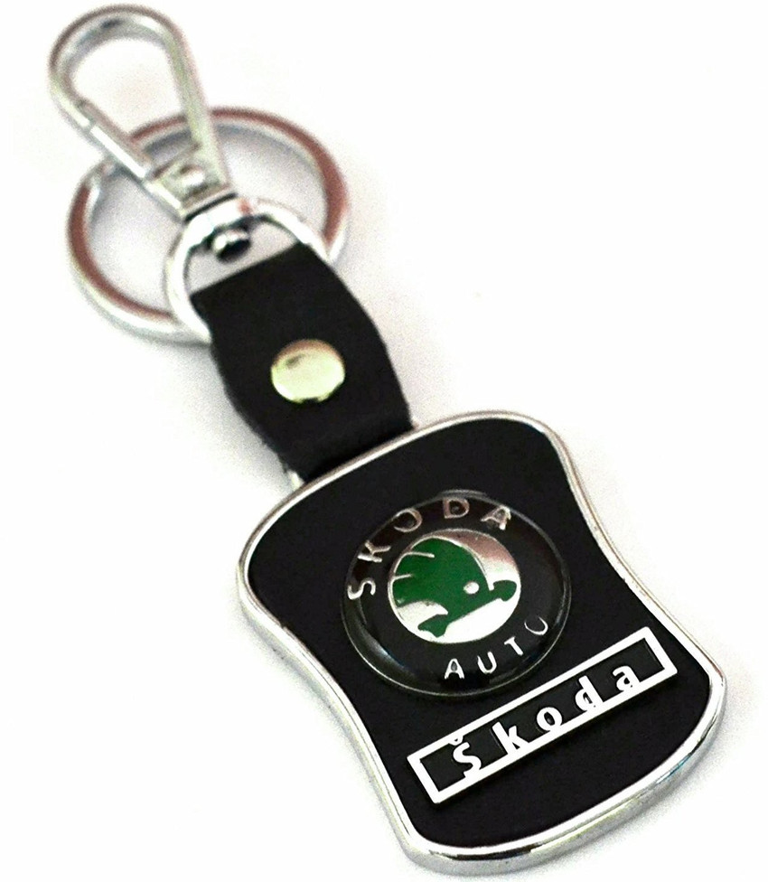 SOI Black Leather with Chrome Logo Key chain for Skoda Cars Key