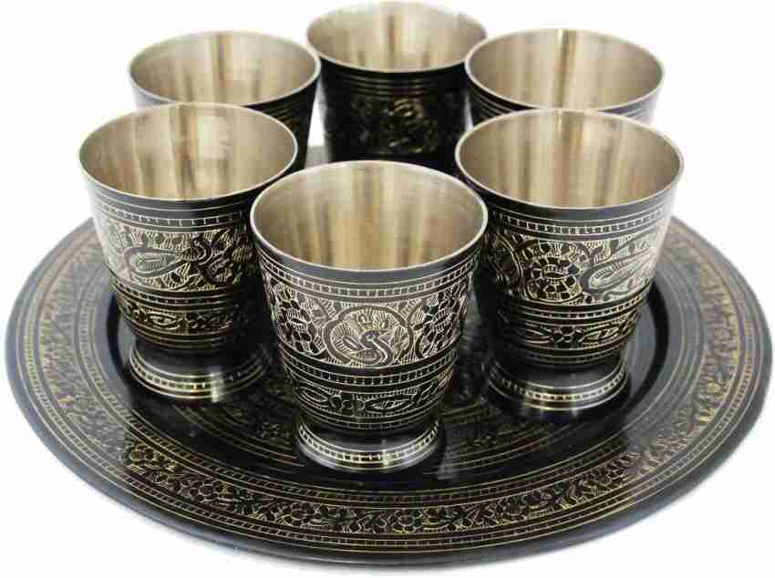 Pure Brass Glass Tumbler with Beautiful Nakashi Drinking Serving Water Set  of 2
