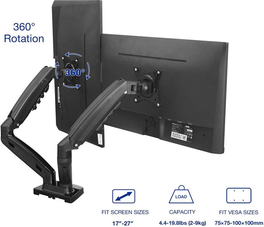 Dual Height Adjustable Monitor Stand, Desk Mount for Two LCD Computer Flat  Screens, VESA 75 and 100 Fits 22, 23, 24, 27 Inch, Gas Spring, Full Motion