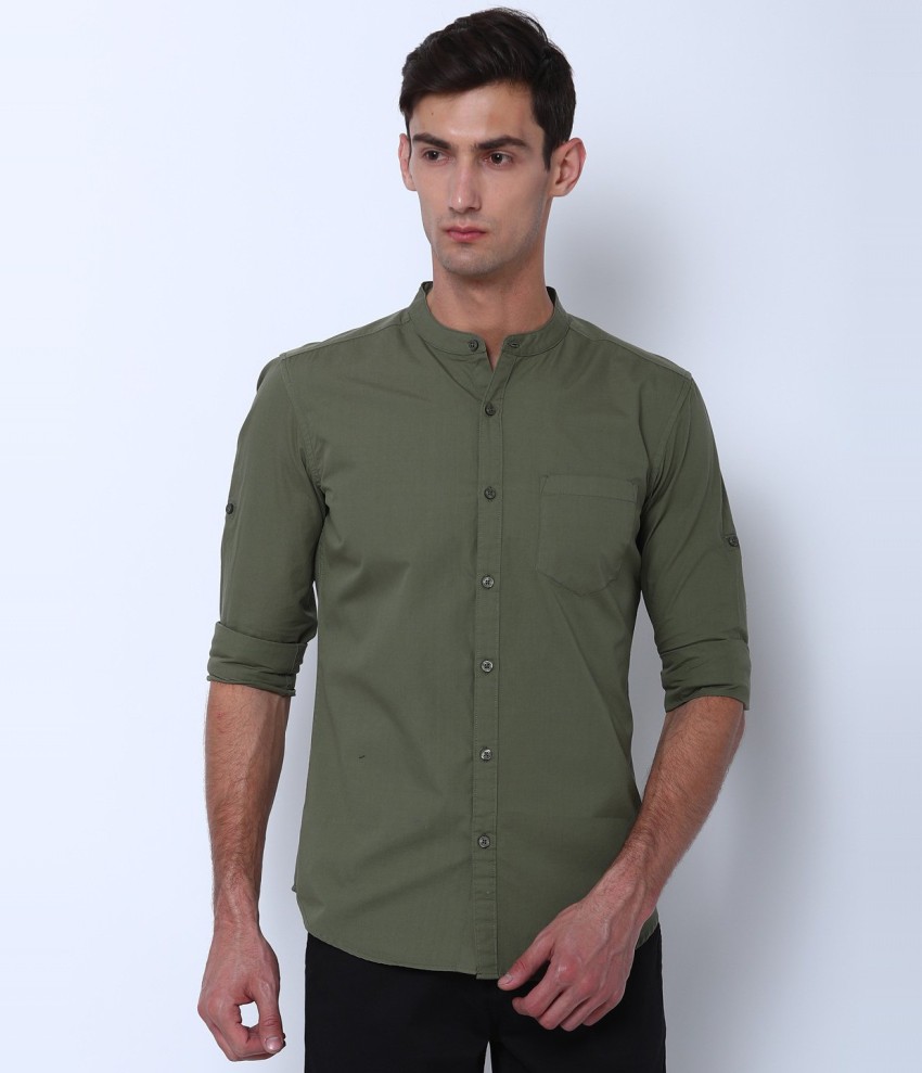 Olive green mandarin collar hot sale shirt