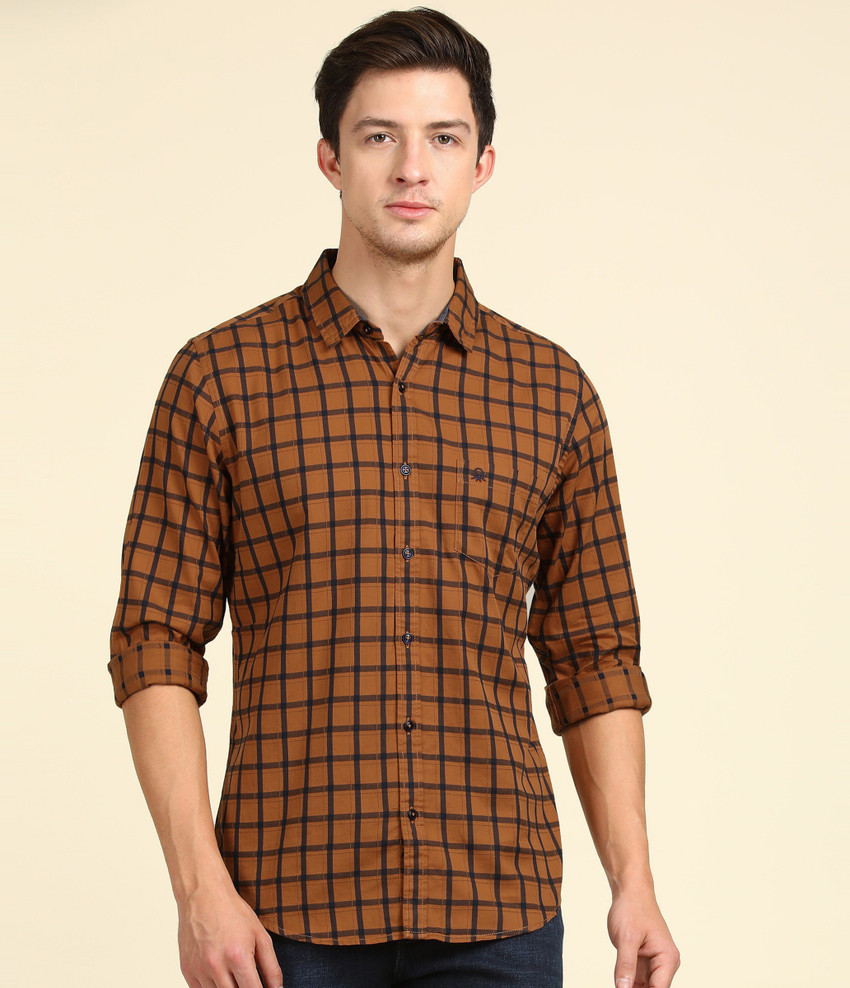 United Colors of Benetton Men Checkered Casual Dark Blue Brown