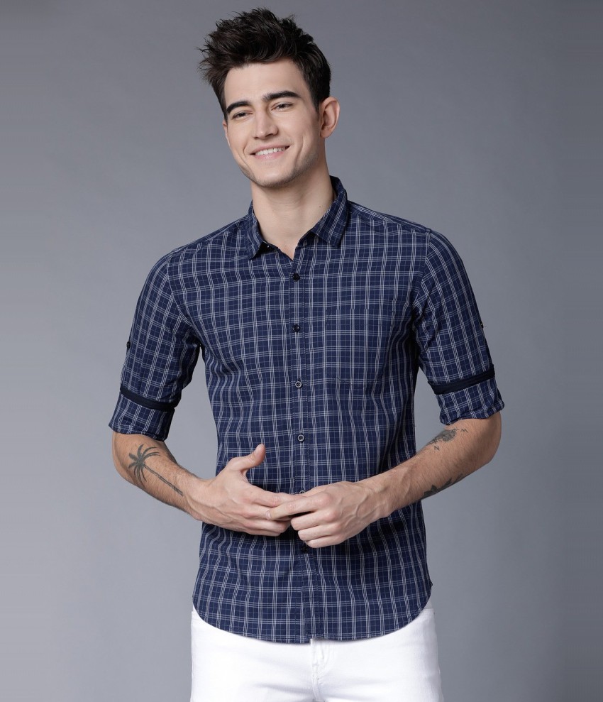 navy and white checkered shirt