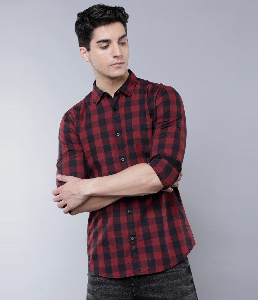 maroon black check shirt