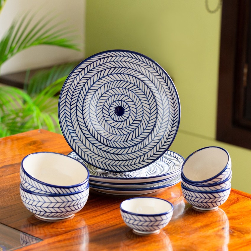 Hand-Painted Ceramic Dinner Plates With Katoris (8 Pieces, Serving for 4, Microwave  Safe)