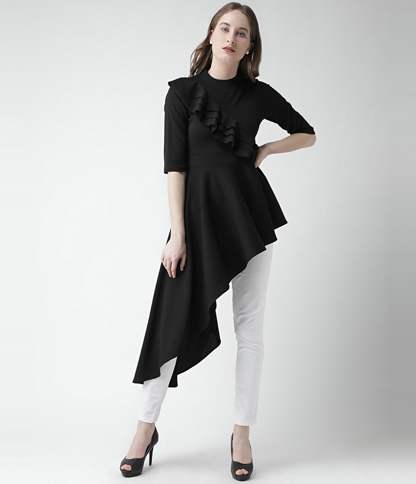 KASSUALLY Casual Regular Sleeve Solid Women Black Top