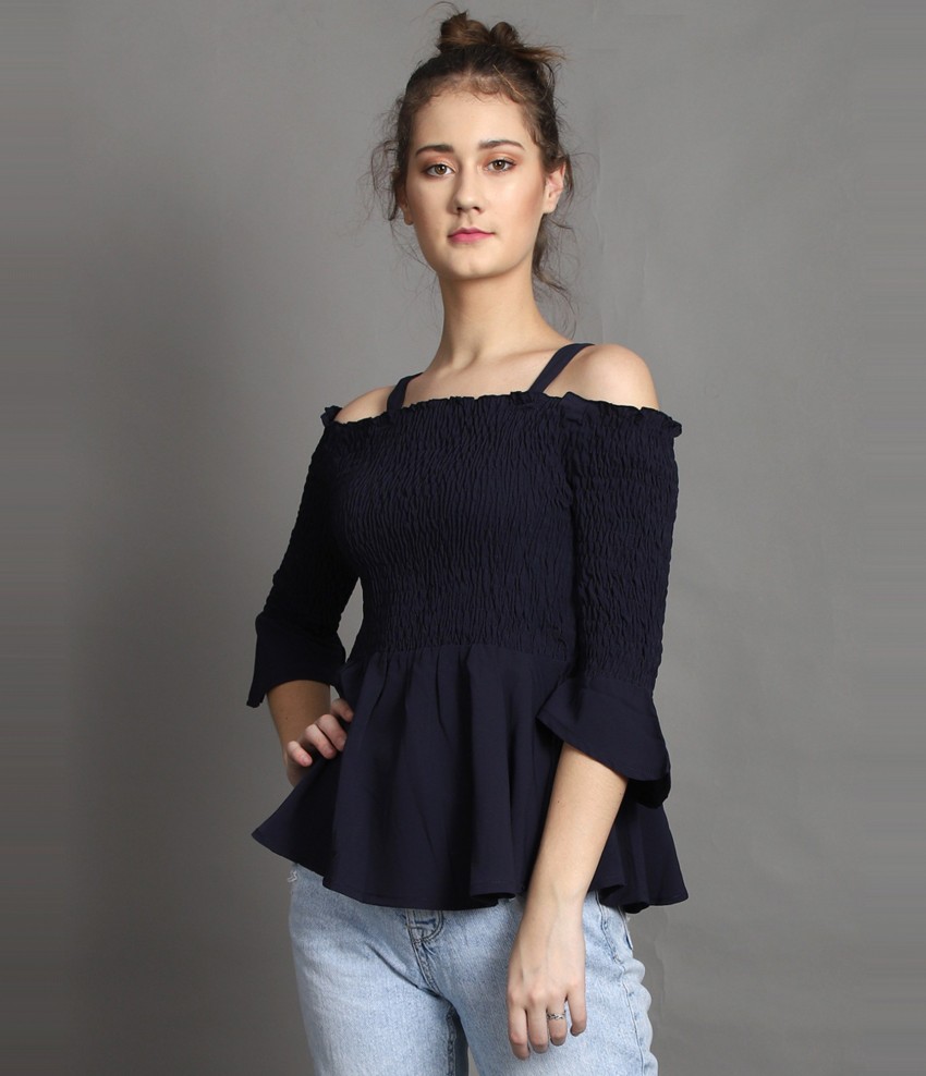 DARZI Casual 3 4 Sleeve Solid Women Blue Top