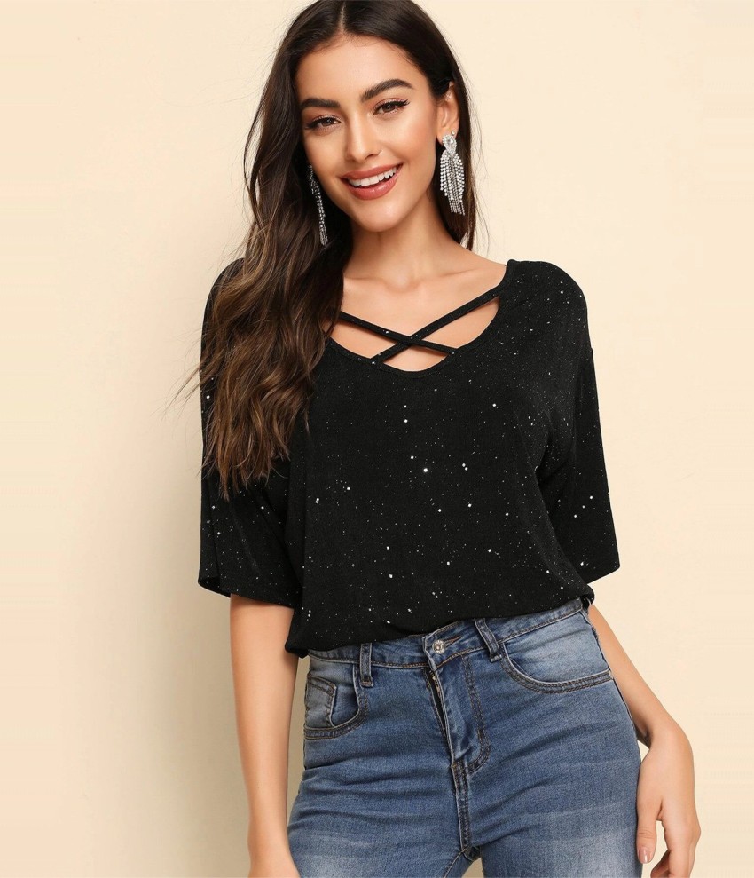 Buy BLACK REGULAR LACE-UP FRONT DETAIL T-SHIRTS for Women Online