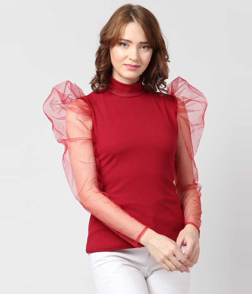 3SIX5 Casual Balloon Sleeve Self Design Women Maroon Top - Buy