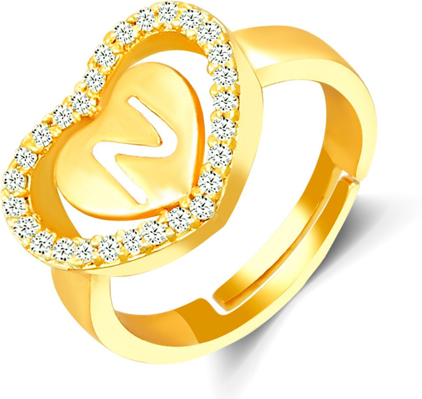 Kanak Jewels Heart Golden Rings Alphabet N Letter Initial for girls women Men Boys Couple girlfriend American diamond Adjustable Valentine Gifts Love Ring Brass Cubic Zirconia Gold Plated Ring Brass C...